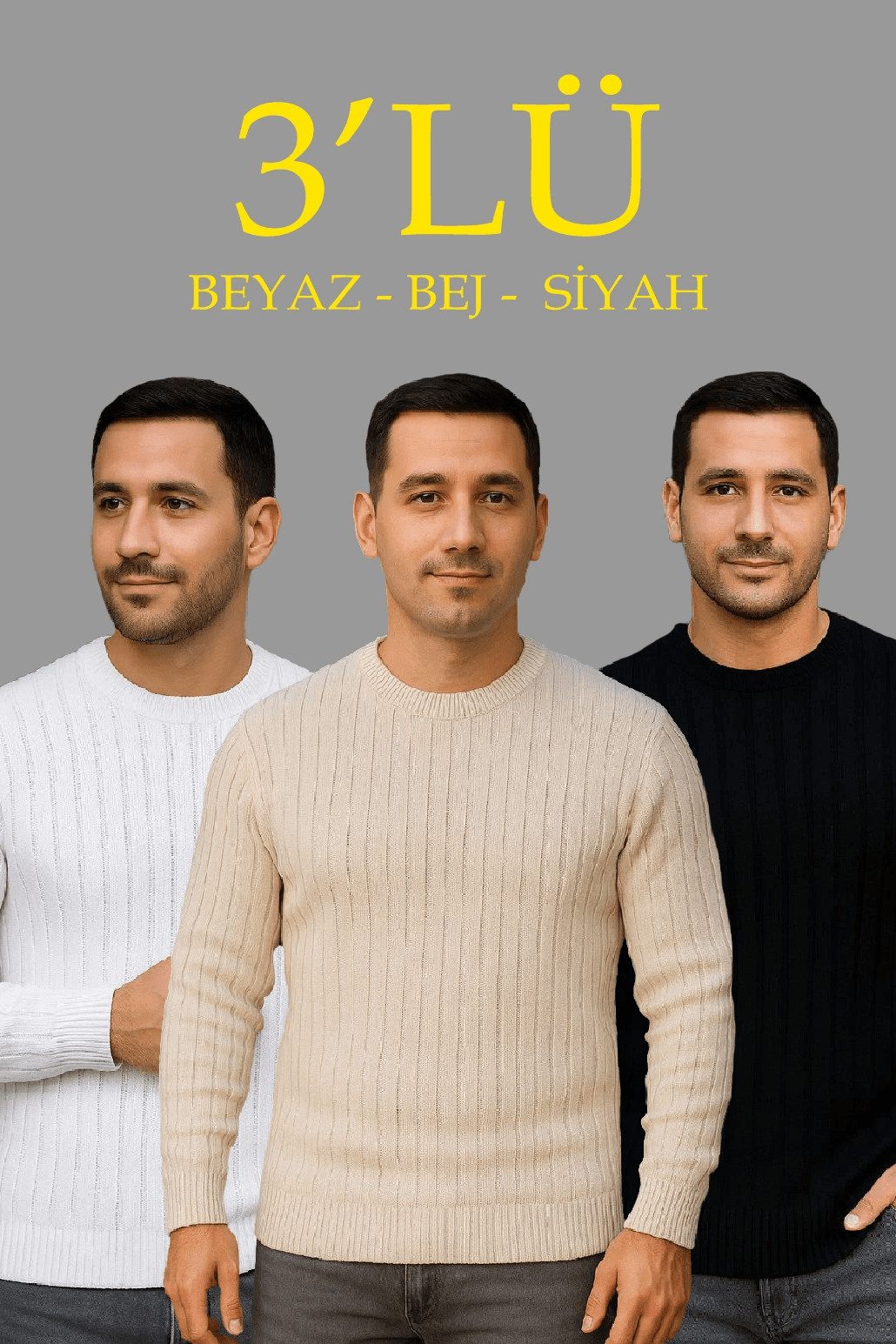 Erkek Fitilli Triko Kazak 3’lü Set Bej Beyaz Siyah | Kalın Dokuma Pamuklu Regular Fit — görsel 1 / 8