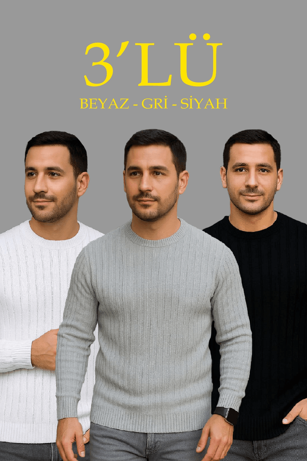 Erkek Fitilli Triko Bisiklet Yaka Kalın Kazak 3'lü Set Beyaz-Gri-Siyah — görsel 1 / 8