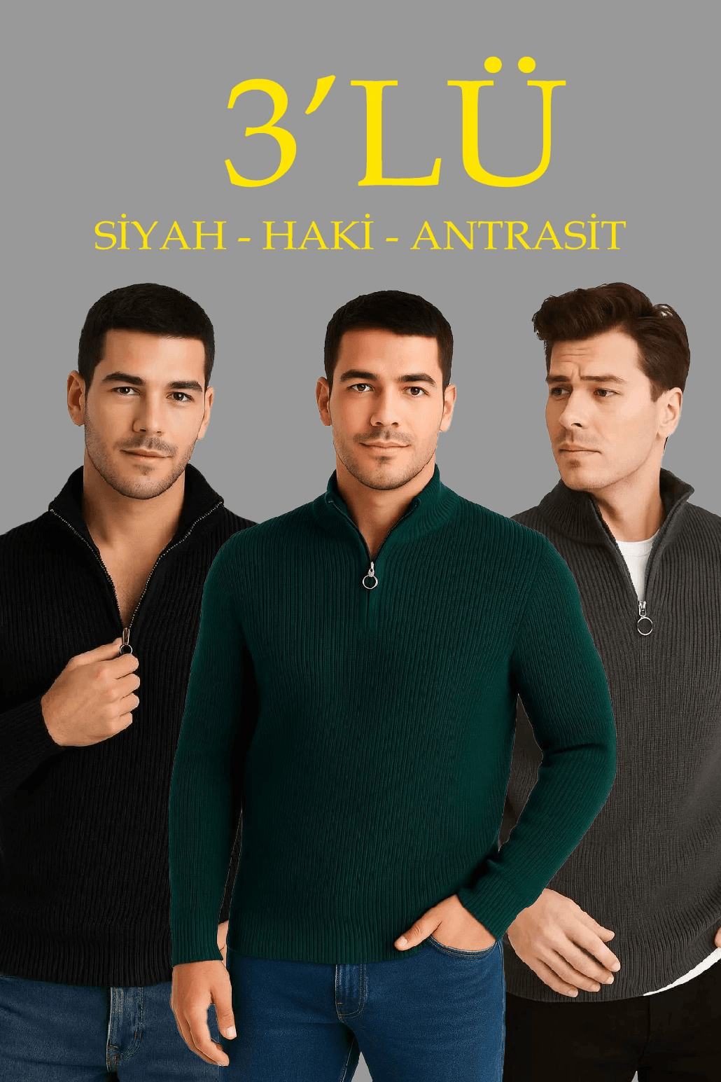 Erkek Fitilli Triko Kazak 3’lü Set Haki Siyah Antrasit Kalın Dokuma Pamuklu Regular Fit V — görsel 1 / 8