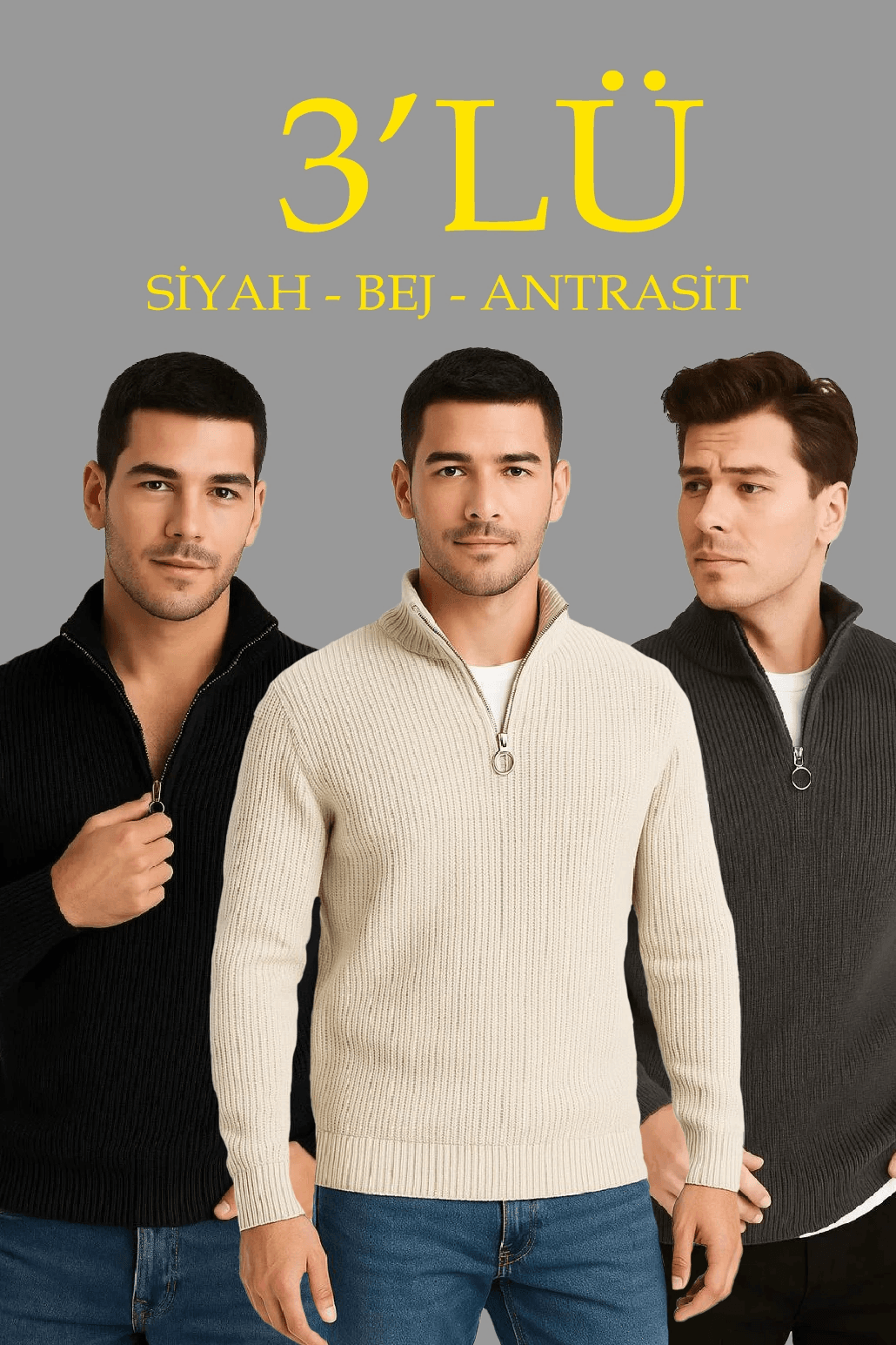 Erkek Fitilli Triko Kazak 3’lü Set Antrasit Siyah Bej Kalın Dokuma Pamuklu Regular Fit V — görsel 1 / 8