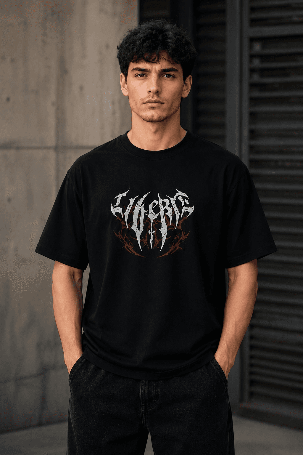 Erkek Gotik Yazı Baskılı Oversize Bisiklet Yaka T-Shirt - Siyah — görsel 1 / 3