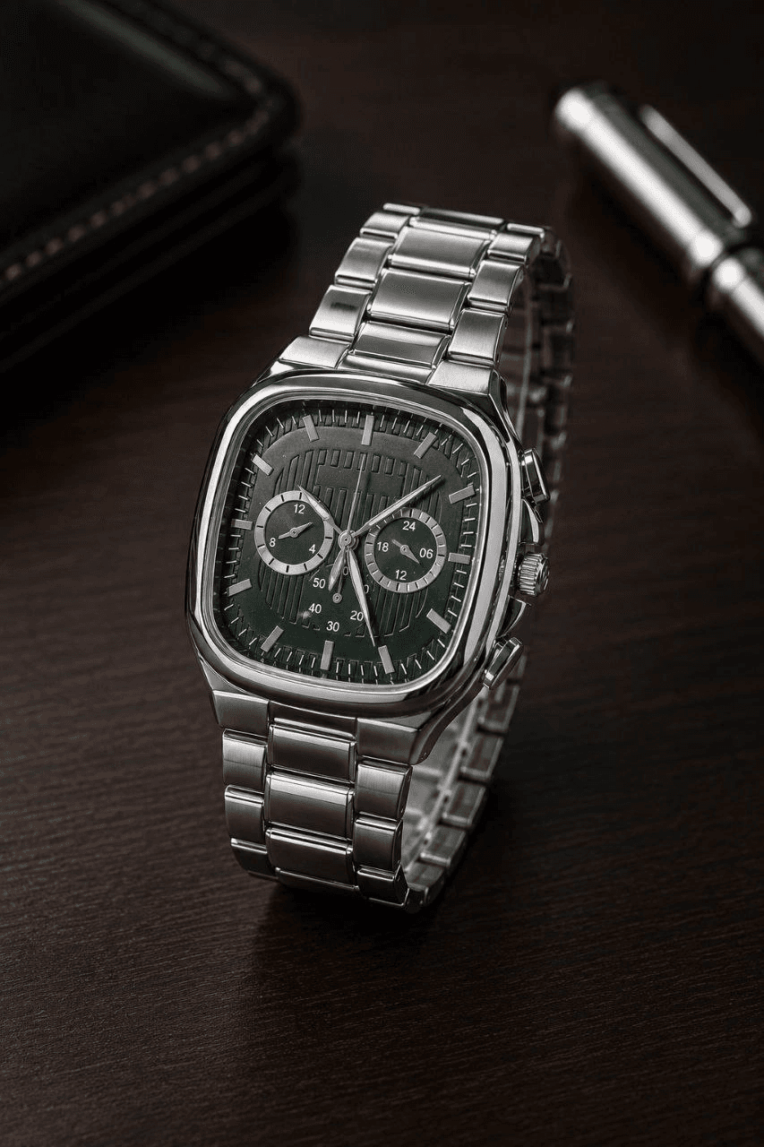 Erkek Gümüş Metal Kordon Analog Kol Saati Yeşil Kadran Takvim Göstergeli - Gümüş