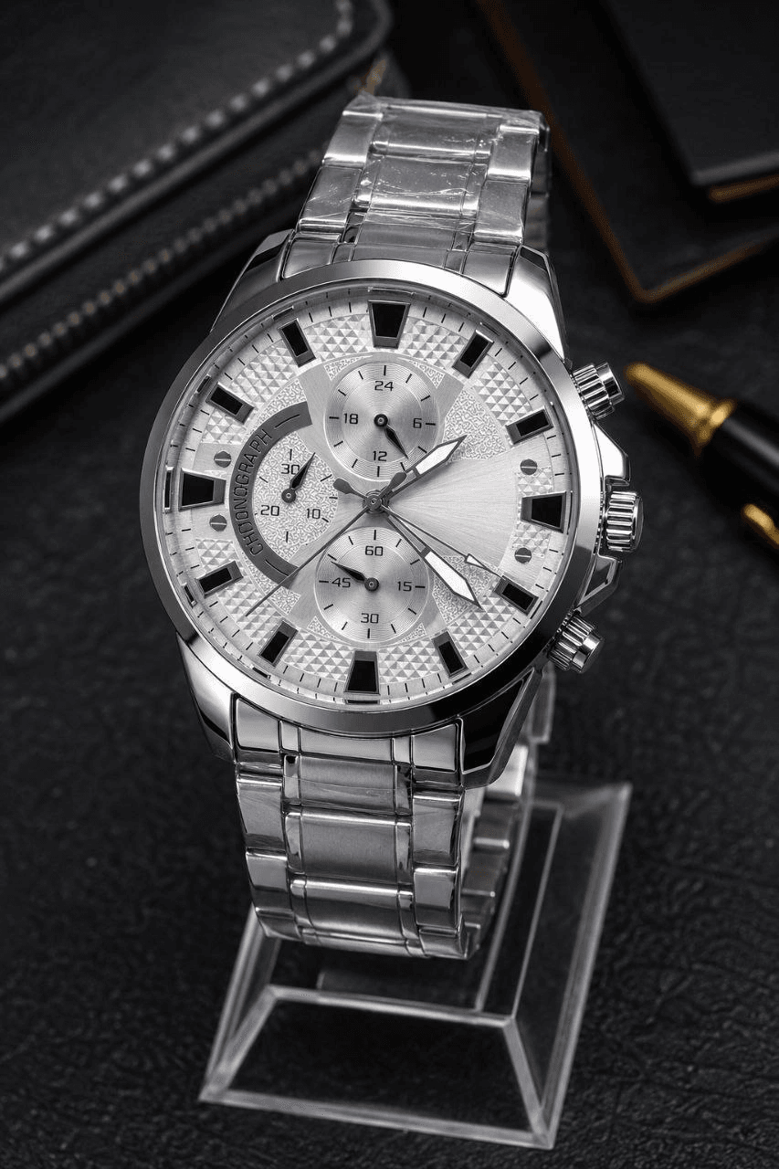 Erkek Gümüş Renk Metal Kordon Analog Kol Saati 24 Saat Takvim Göstergeli Gri Kadran - Gümüş