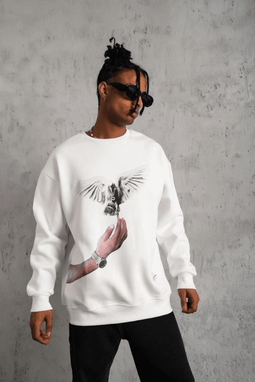 Erkek Güvercin Baskılı 3 iplik pamuklu Bisiklet Yaka Sweatshirt - Beyaz — görsel 1 / 5