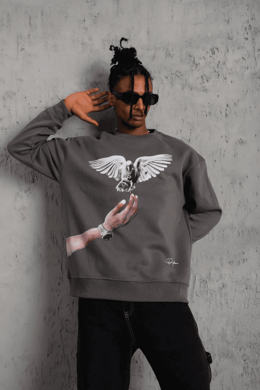 Erkek Güvercin Baskılı 3 iplik pamuklu Bisiklet Yaka Sweatshirt - Gri