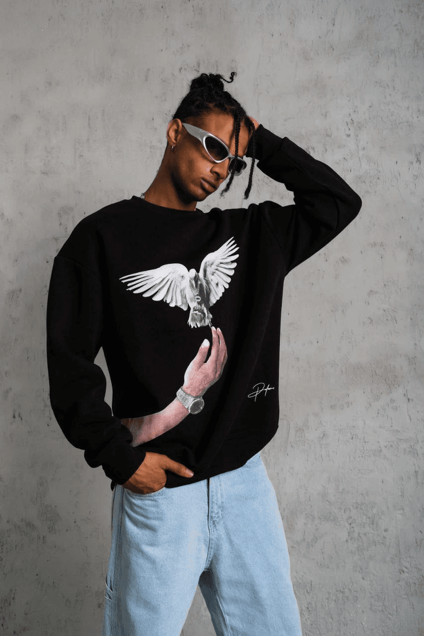 Erkek Güvercin Baskılı 3 iplik Bisiklet Yaka ipamuklu Sweatshirt - Siyah — görsel 1 / 5