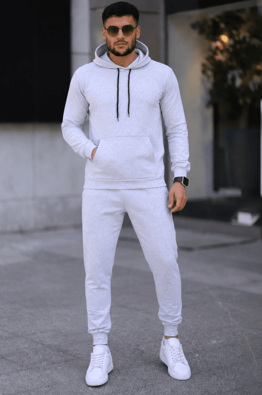 Erkek İki İplik Kapüşonlu Kanguru Cepli Sweatshirt Jogger Pantolon Alt Üst Eşofman Takımı -Beyaz