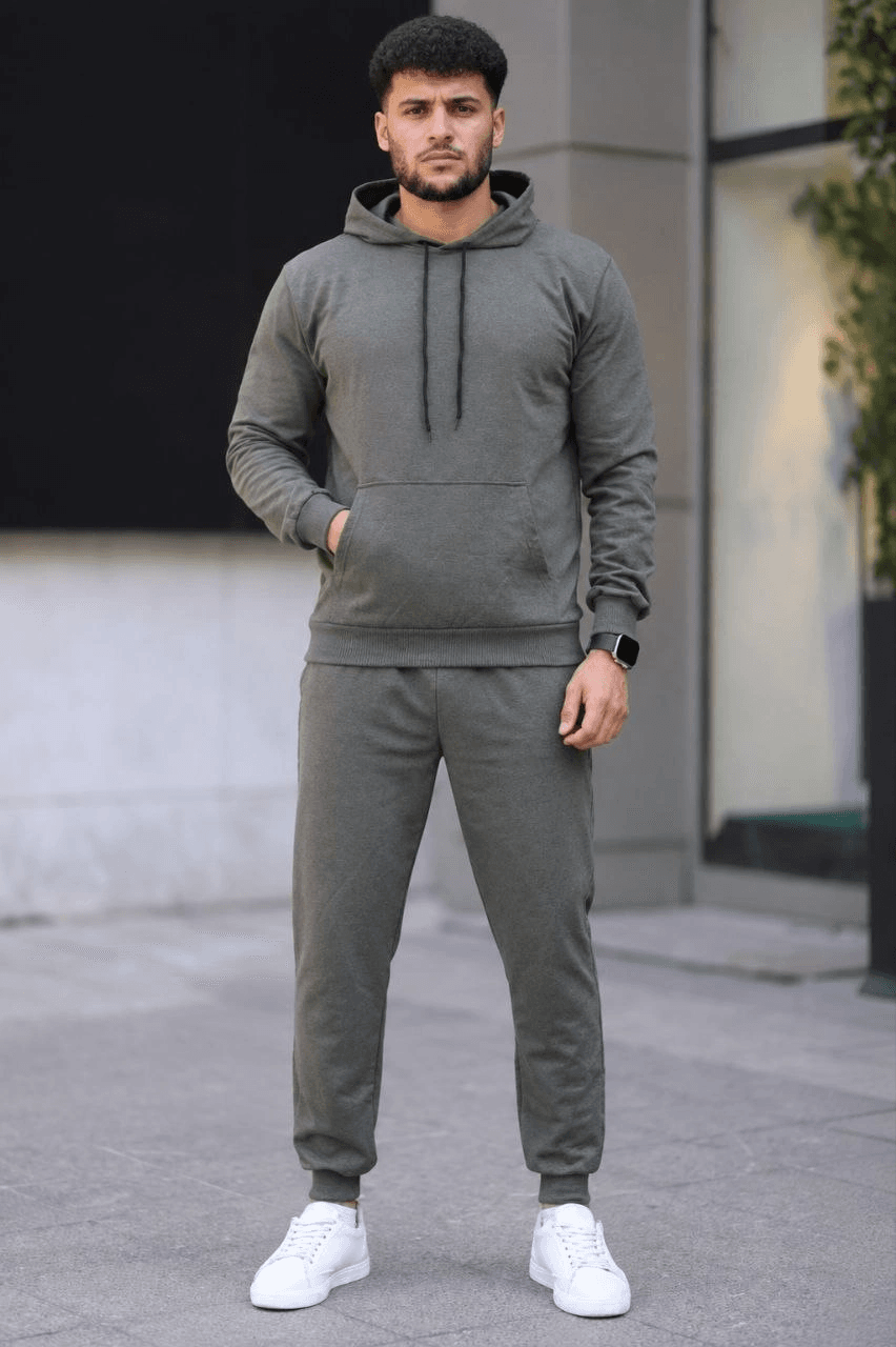 Erkek İki İplik Kapüşonlu Kanguru Cepli Sweatshirt Jogger Pantolon Alt Üst Eşofman Takımı - Haki