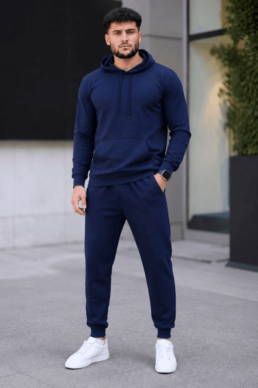 Erkek İki İplik Kapüşonlu Kanguru Cepli Sweatshirt Jogger Pantolon Alt Üst Eşofman Takımı - Lacivert