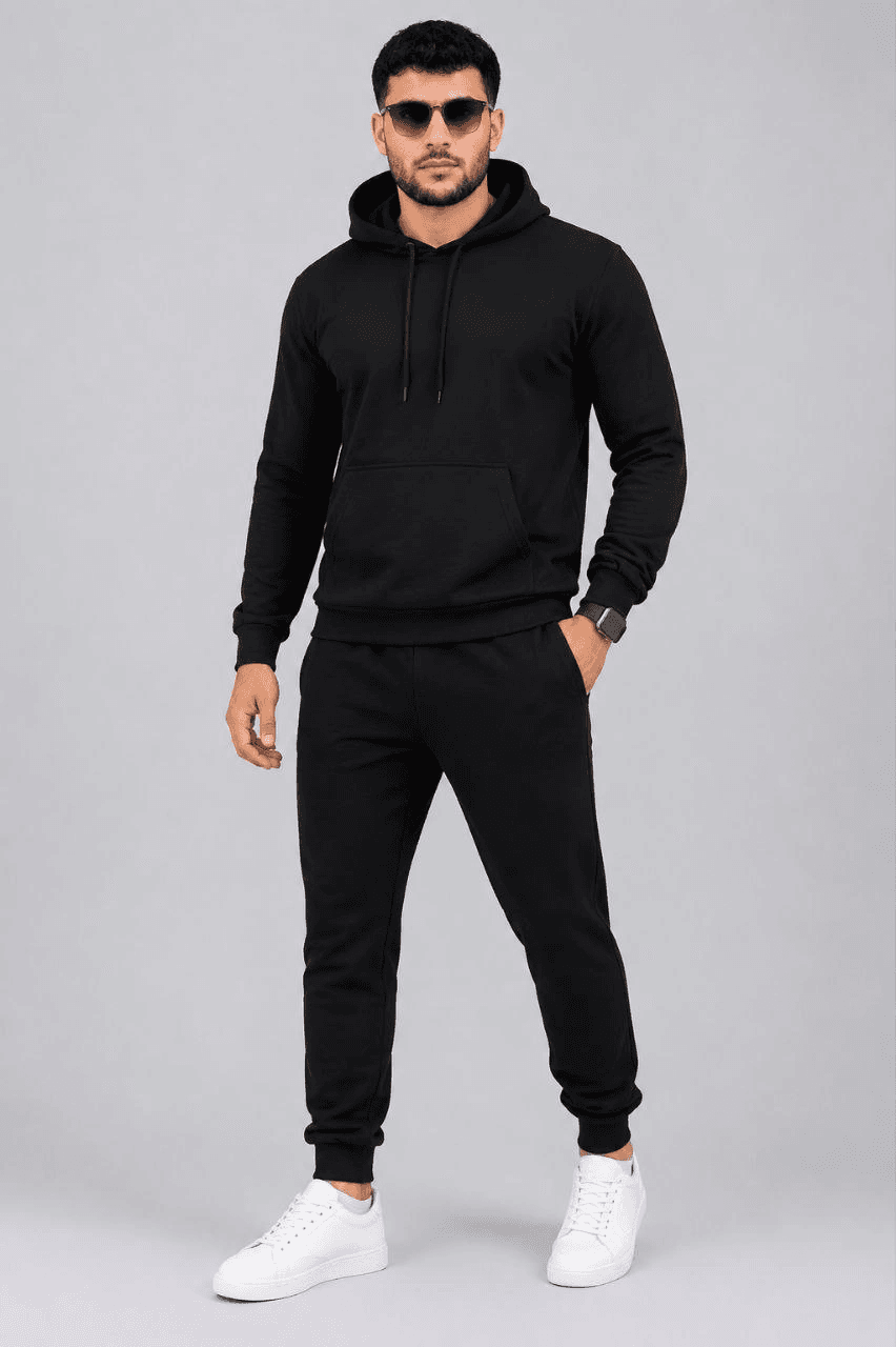 Erkek İki İplik Kapüşonlu Kanguru Cepli Sweatshirt Jogger Pantolon Alt Üst Eşofman Takımı -Siyah