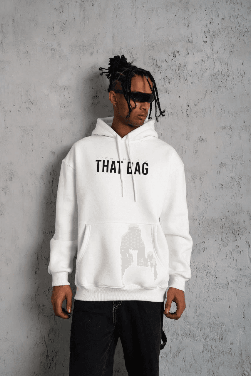 Erkek 3 İplik Pamuklu Kapüşonlu Baskılı Cepli Oversize Sweatshirt Hoodie - Beyaz