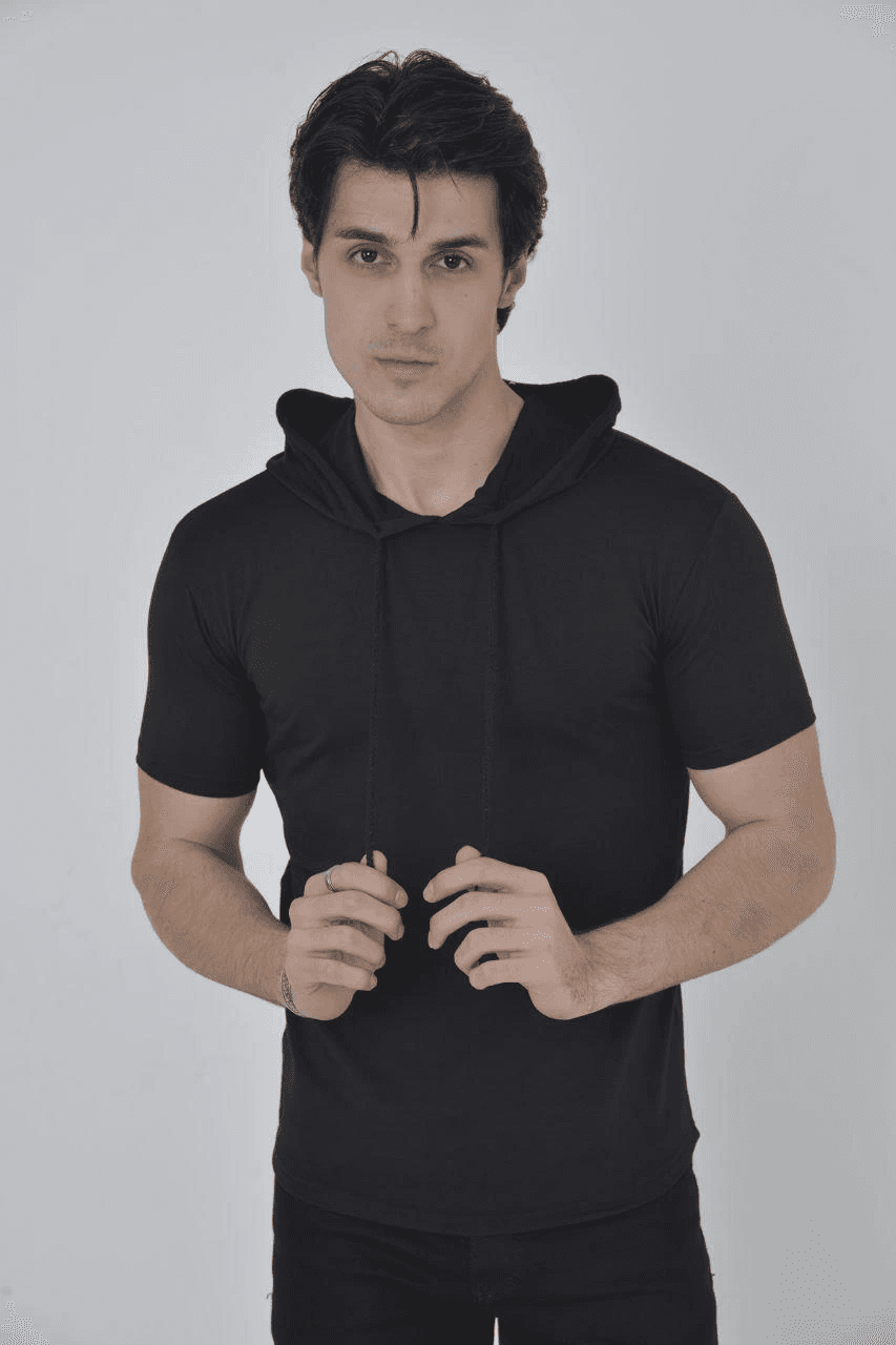 Kadın Kapüşonlu T-Shirt Kısa Kol Bisiklet Yaka Slimfit Tişört - Siyah