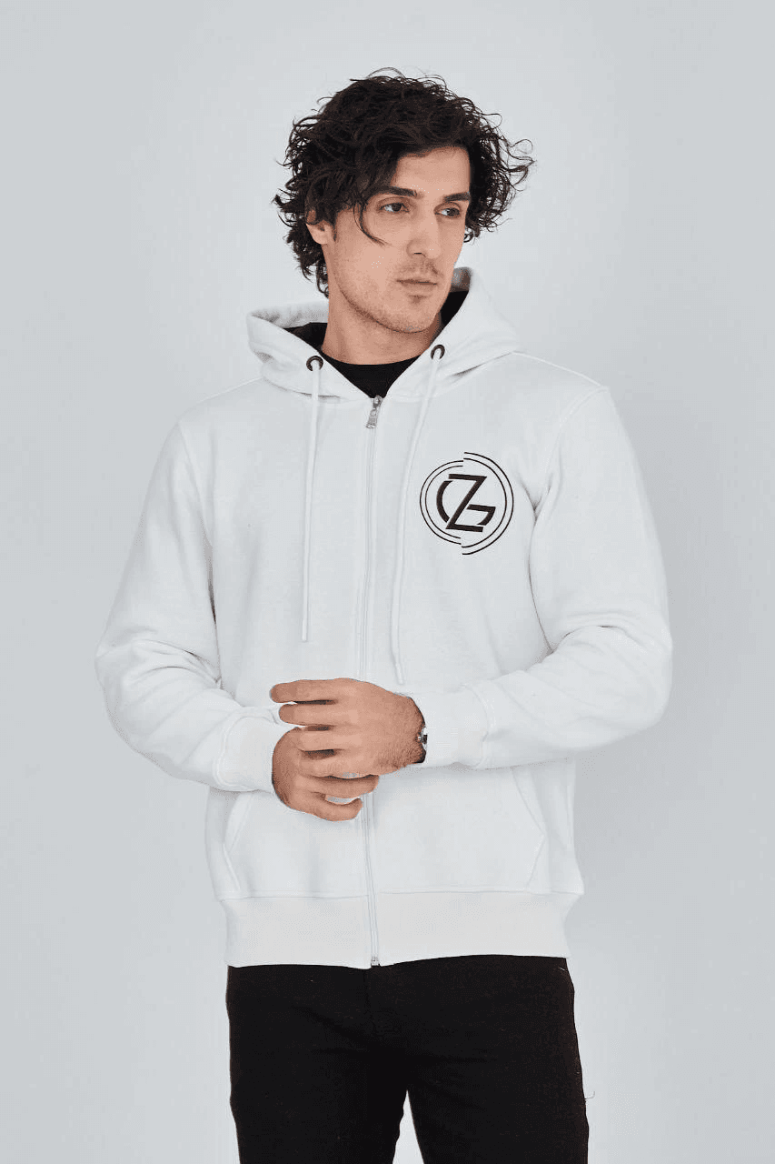 Erkek 3 İplik Pamuklu Fermuarlı Kapüşonlu Kanguru Cepli Baskılı Hoodie - Beyaz