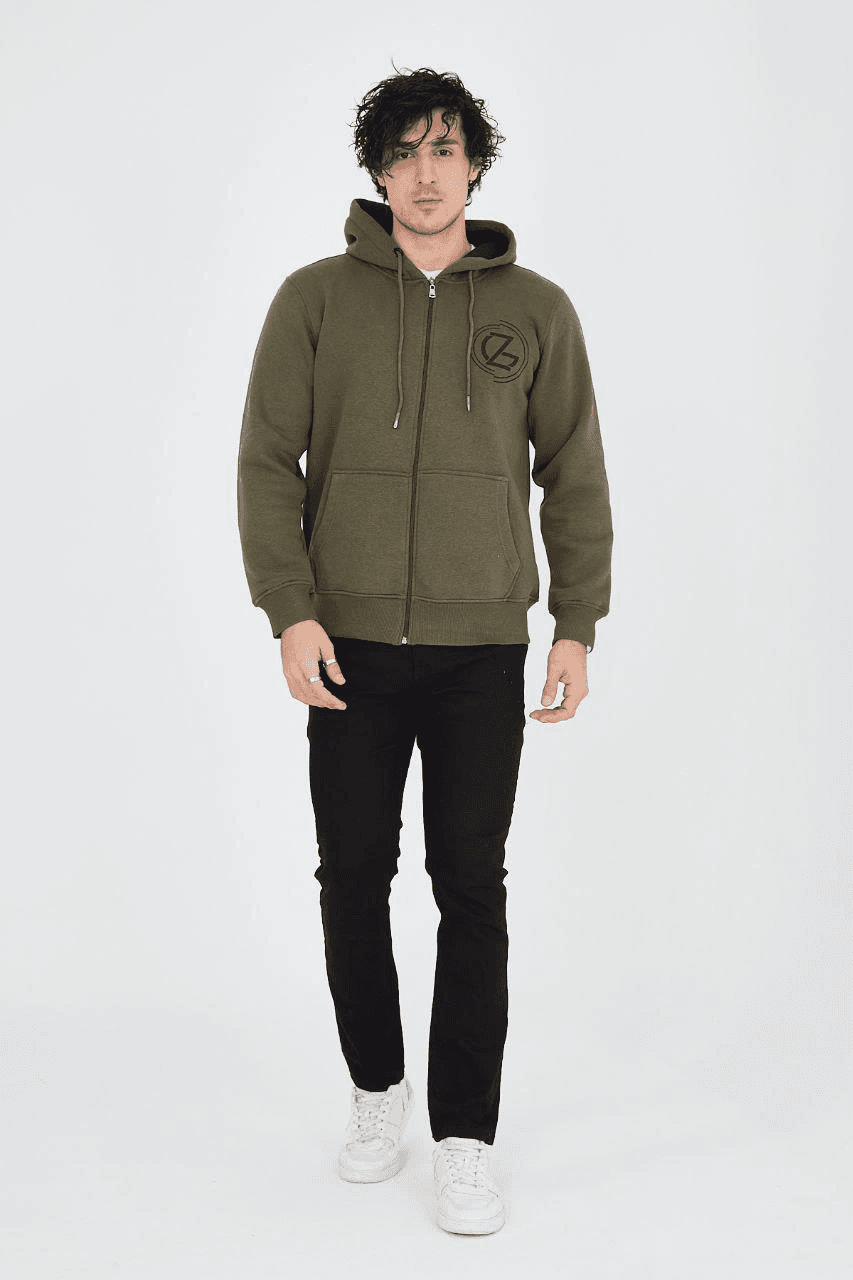 Erkek 3 İplik Pamuklu Fermuarlı Kapüşonlu Kanguru Cepli Baskılı Hoodie - Yeşil