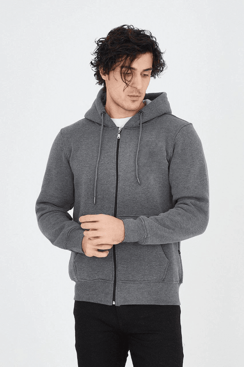 Erkek 3 İplik Pamuklu Fermuarlı Kapüşonlu Kanguru Cepli Hoodie Hırka Sweatshirt - Füme