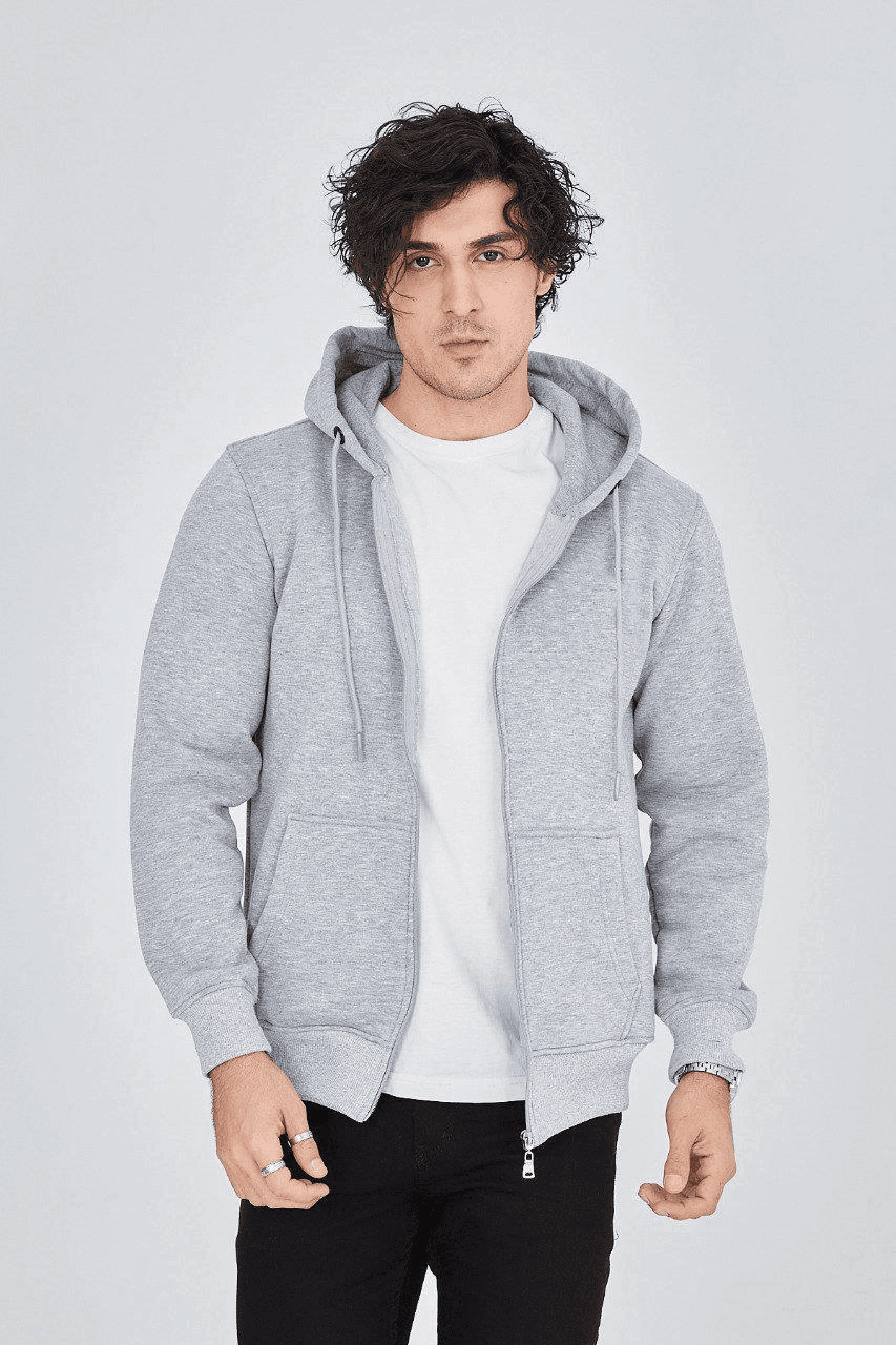 Erkek 3 İplik Pamuklu Fermuarlı Kapüşonlu Kanguru Cepli Hoodie Hırka Sweatshirt - Gri
