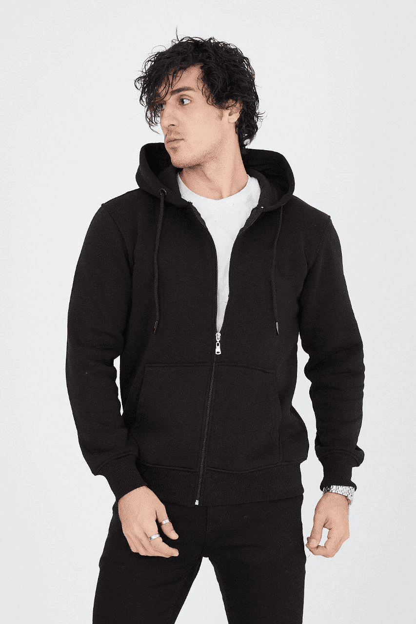 Erkek 3 İplik Pamuklu Fermuarlı Kapüşonlu Kanguru Cepli Hoodie Hırka Sweatshirt - Siyah