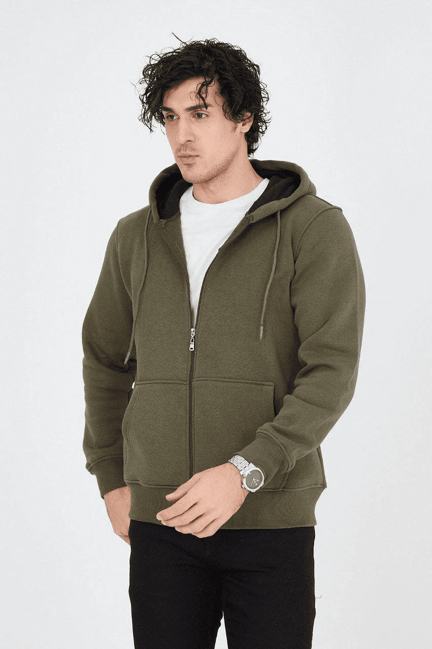 Erkek 3 İplik Pamuklu Fermuarlı Kapüşonlu Kanguru Cepli Hoodie Hırka Sweatshirt - Yeşil