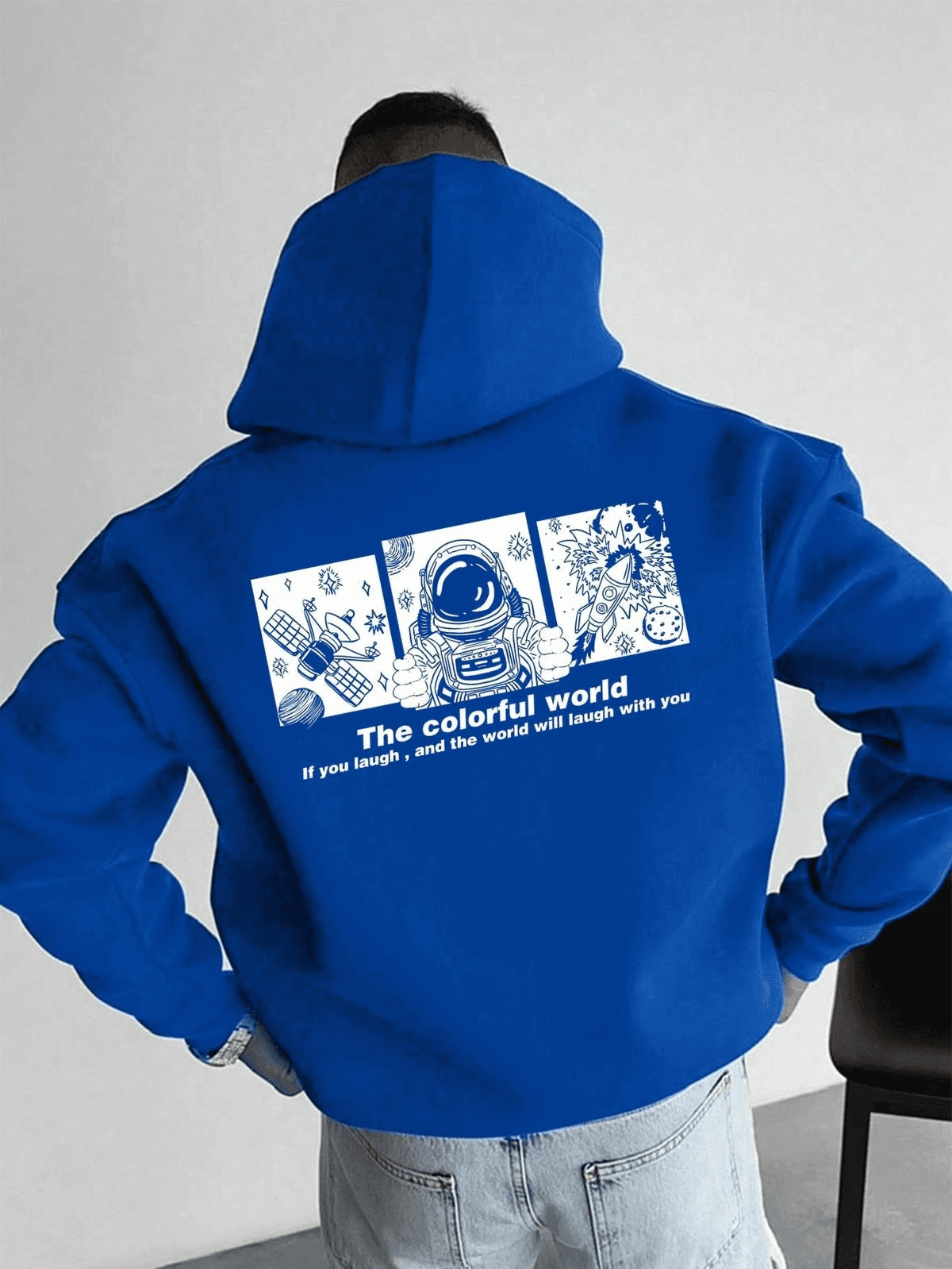 Erkek Baskılı Kapüşonlu Cepli Hoodie 3 İplik Pamuklu Sweatshirt - Saks Mavisi — görsel 1 / 6