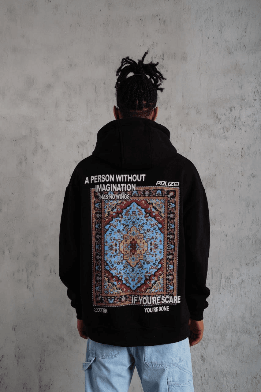 Erkek 3 İplik Pamuklu Kapüşonlu Baskılı Cepli Oversize Sweatshirt Hoodie - Siyah — görsel 1 / 4