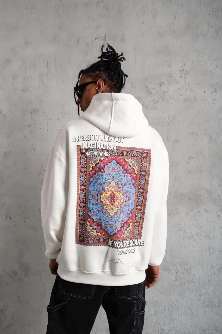 Erkek 3 İplik Pamuklu Kapüşonlu Baskılı Cepli Oversize Sweatshirt Hoodie - Beyaz — görsel 1 / 4