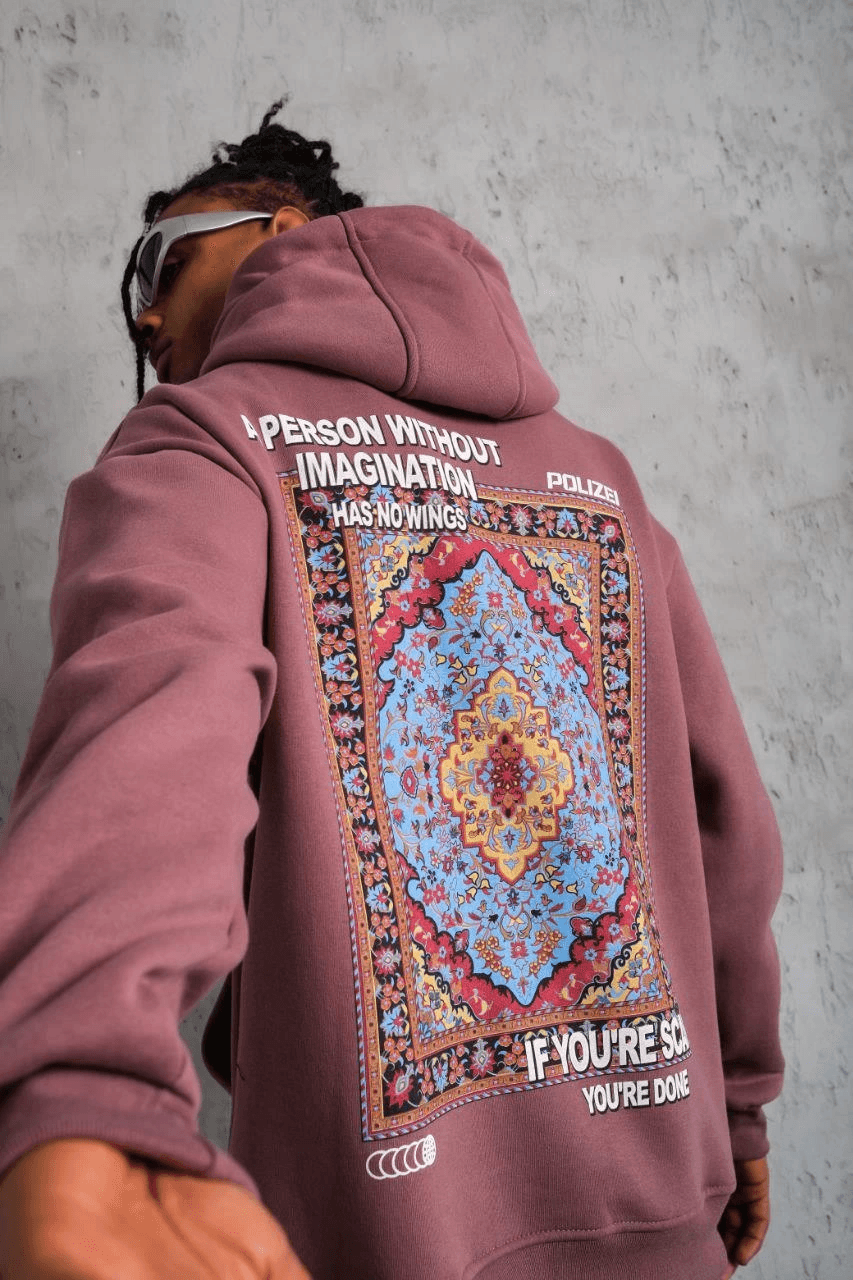 Erkek 3 İplik Pamuklu Kapüşonlu Baskılı Cepli Sweatshirt Hoodie - Gül Kurusu — görsel 1 / 4