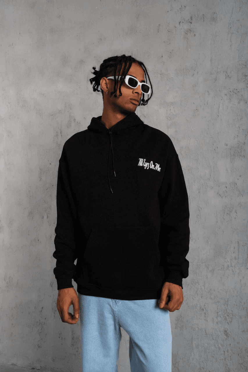 Erkek Kapüşonlu Kanguru Cepli Sweatshirt 3 İplik Pamuklu Baskılı Hoodie - Siyah