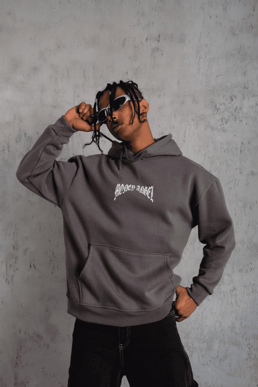 Erkek 3 İplik Pamuklu Baskılı Kapüşonlu Cepli Sweatshirt Hoodie - Füme — görsel 1 / 2