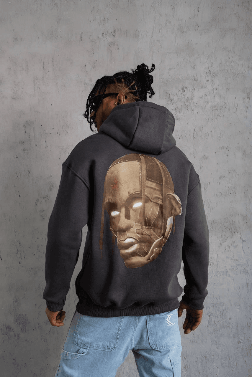Erkek Kordonlu Arka Maske Kordon Saçlı 3 iplik pamuklu Kapüşonlu sweatshirt - Füme — görsel 1 / 2