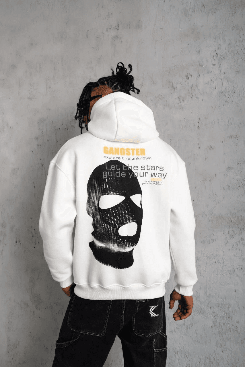 Erkek Maske Baskılı 3 iplik pamuklu Kapüşonlu Sweatshirt hoodie - Beyaz — görsel 1 / 2