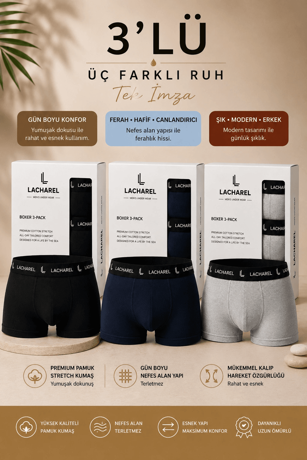 Erkek Likralı Pamuklu Nefes Alan Penye Boxer3'Lü Paket - Siyah & Gri & Lacivert