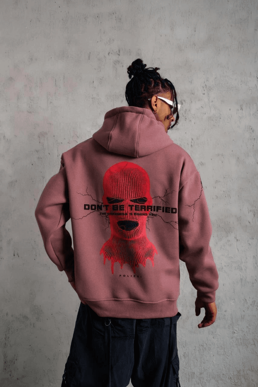 Erkek 3 İplik Pamuklu Kapüşonlu Baskılı Cepli Sweatshirt Hoodie - Gül Kurusu — görsel 1 / 5