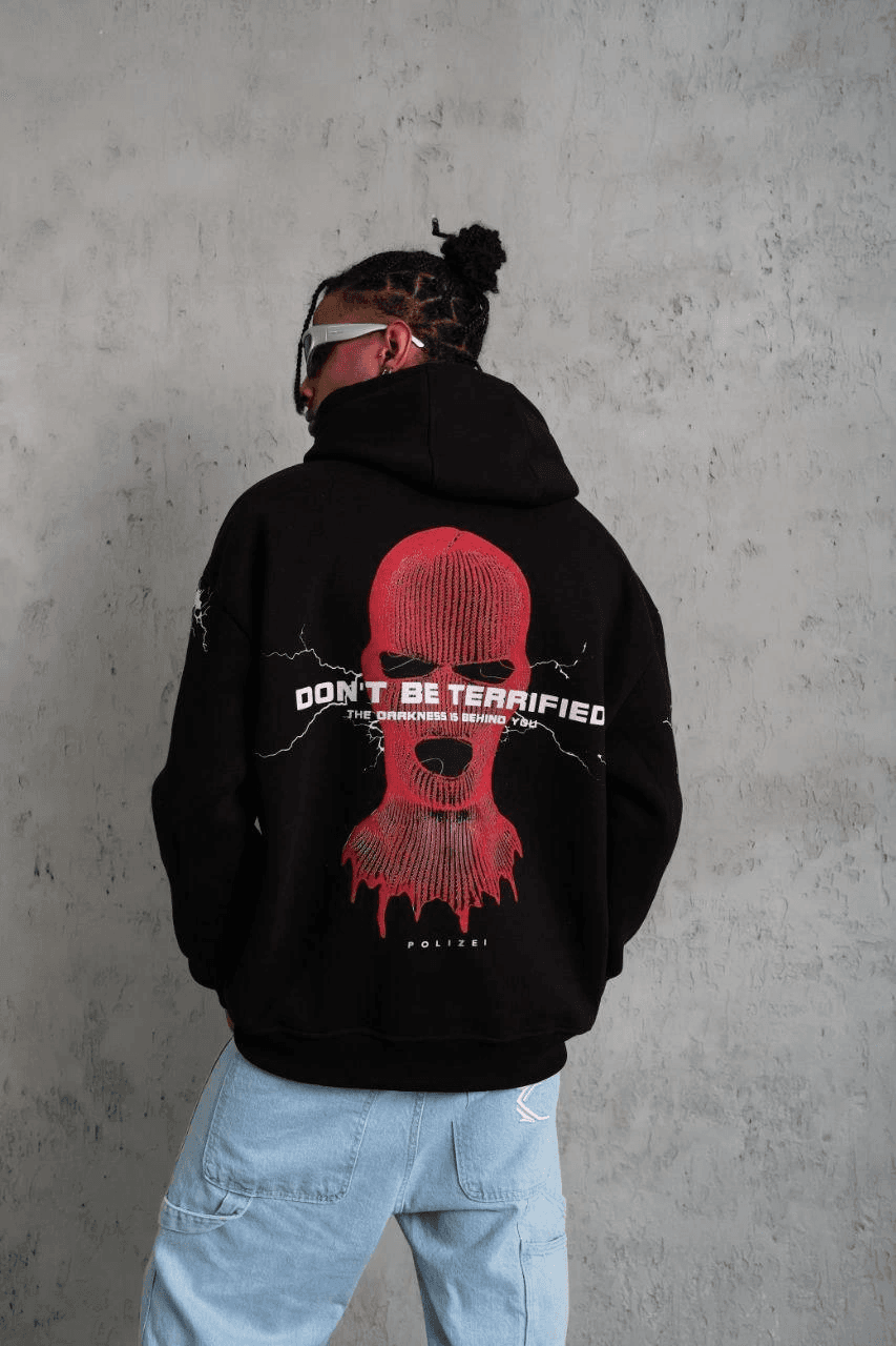 Erkek 3 İplik Pamuklu Kapüşonlu Baskılı Cepli Oversize Sweatshirt Hoodie - Siyah