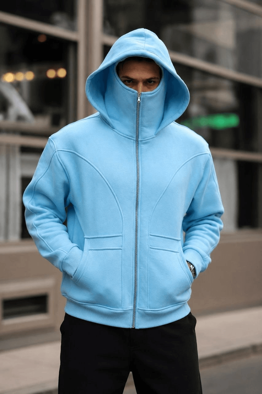 Erkek Maskeli Ninja Model Çift Kapüşonlu 3 İplik Şardonlu Fermuarlı Sweatshirt - Bebek Mavisi