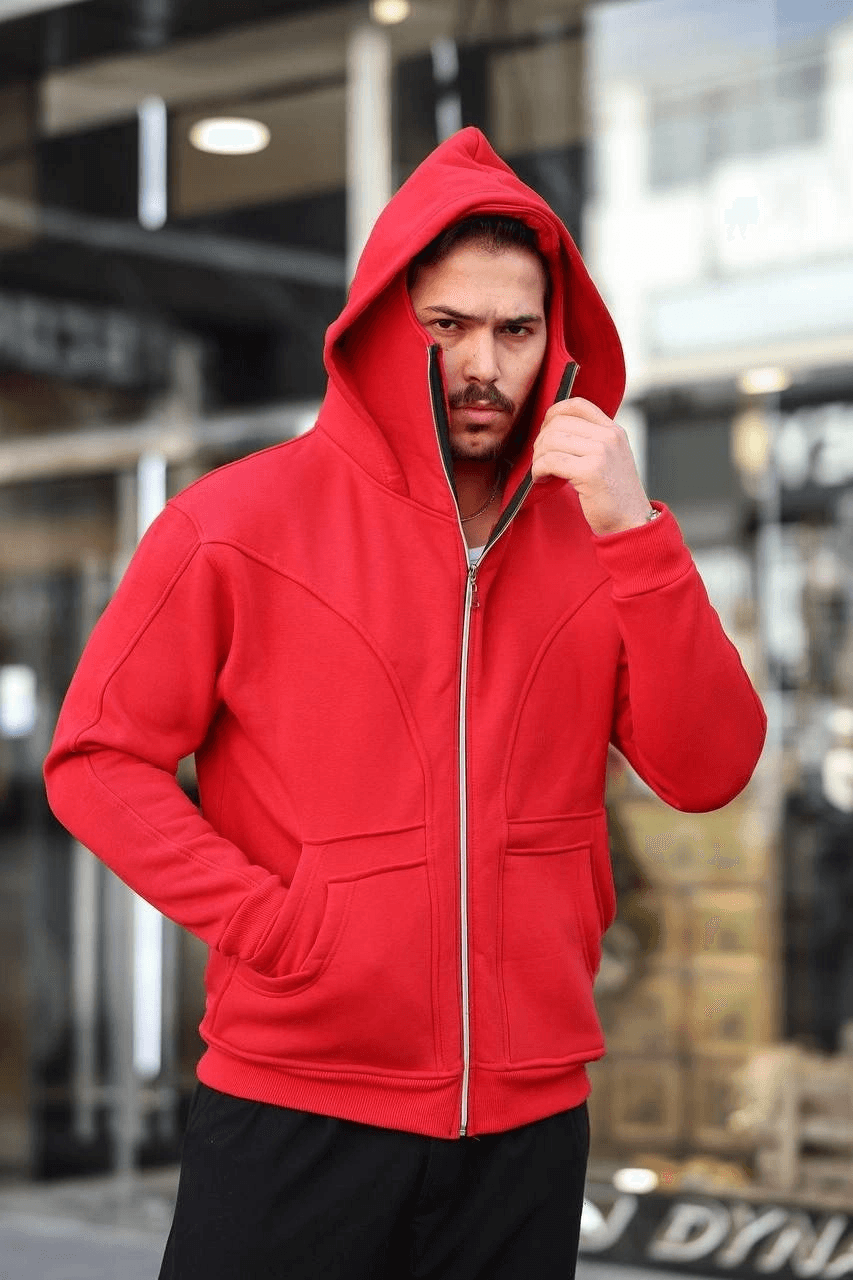 Erkek Maskeli Ninja Model Çift Kapüşonlu 3 İplik Şardonlu Fermuarlı Sweatshirt - Kırmızı — görsel 1 / 5