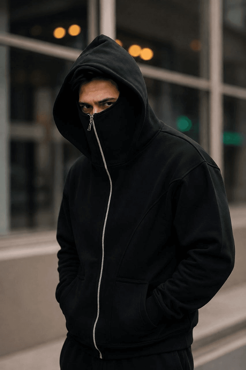 Erkek Maskeli Ninja Model Çift Kapüşonlu 3 İplik Şardonlu Fermuarlı Sweatshirt - Siyah — görsel 1 / 7