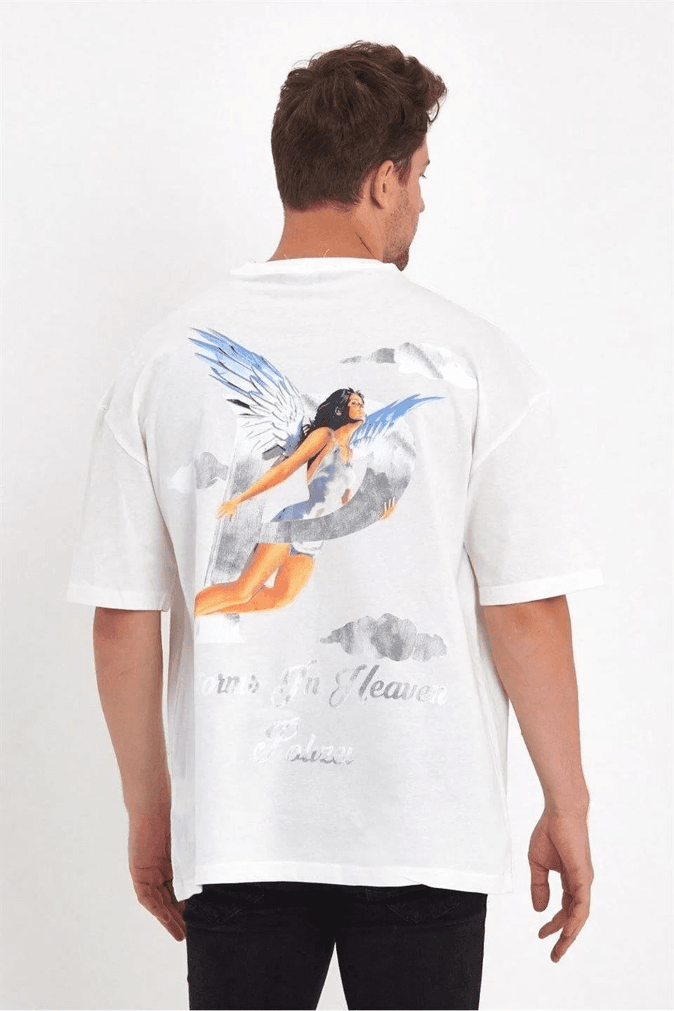 Erkek Kısa Kol Tişört Bisiklet Yaka MELEK Baskılı Oversize T-Shirt - Beyaz — görsel 1 / 2