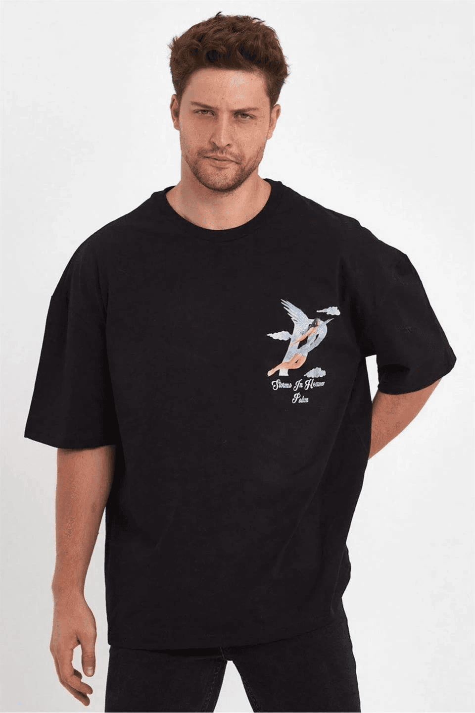 Erkek Melek Baskılı T-Shirt Kısa Kol Bisiklet Yaka Rahat Kalıp Günlük Tişört - Siyah — görsel 1 / 2