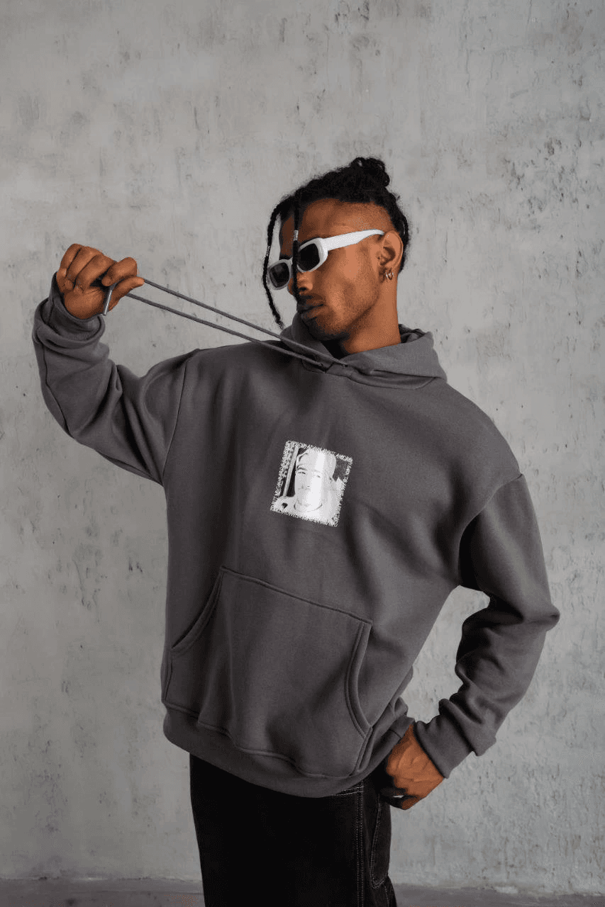Erkek 3 İplik Pamuklu Kapüşonlu Baskılı Cepli Oversize Sweatshirt Hoodie - Gri