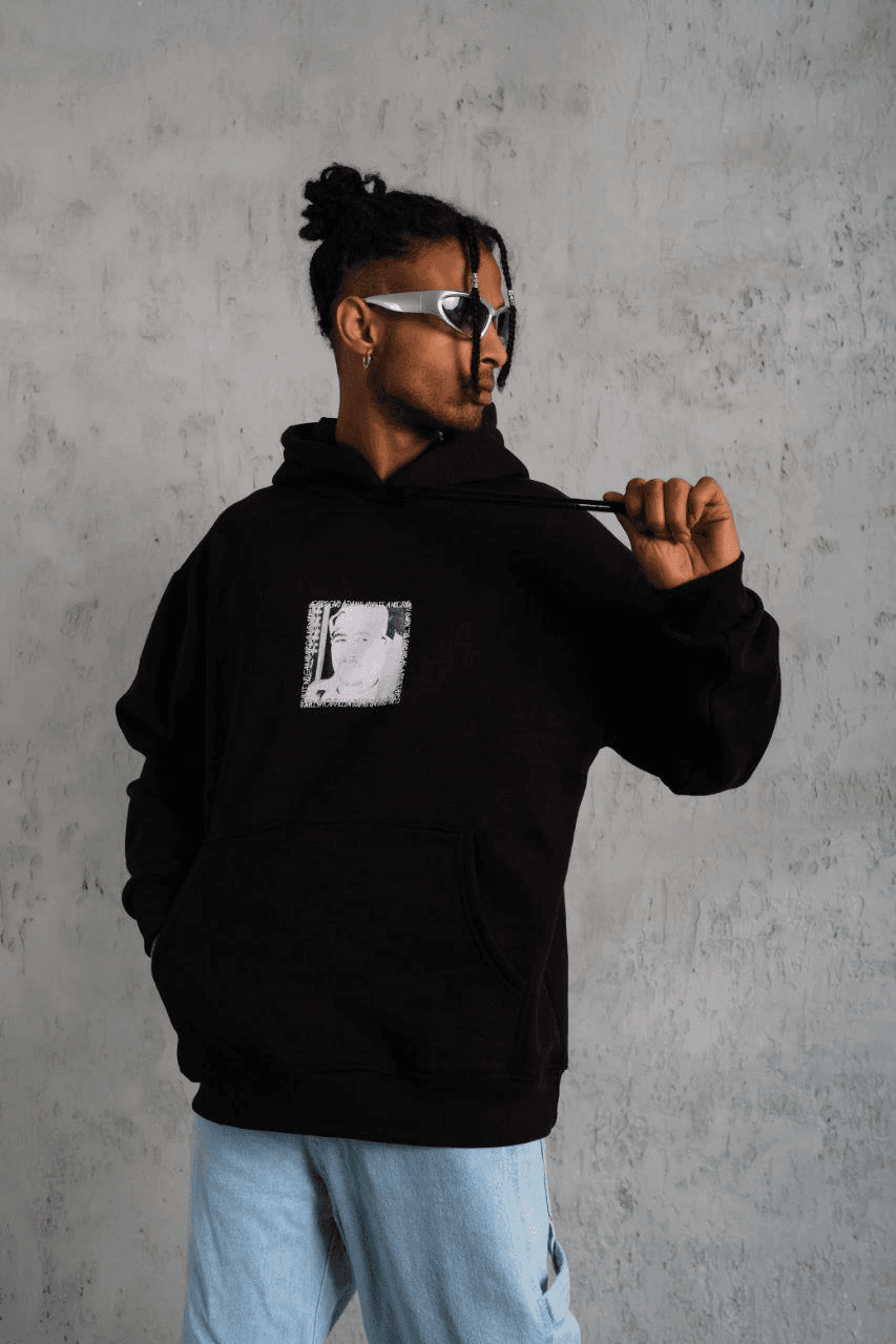 Erkek 3 İplik Pamuklu Kapüşonlu Baskılı Cepli Oversize Sweatshirt Hoodie - Siyah