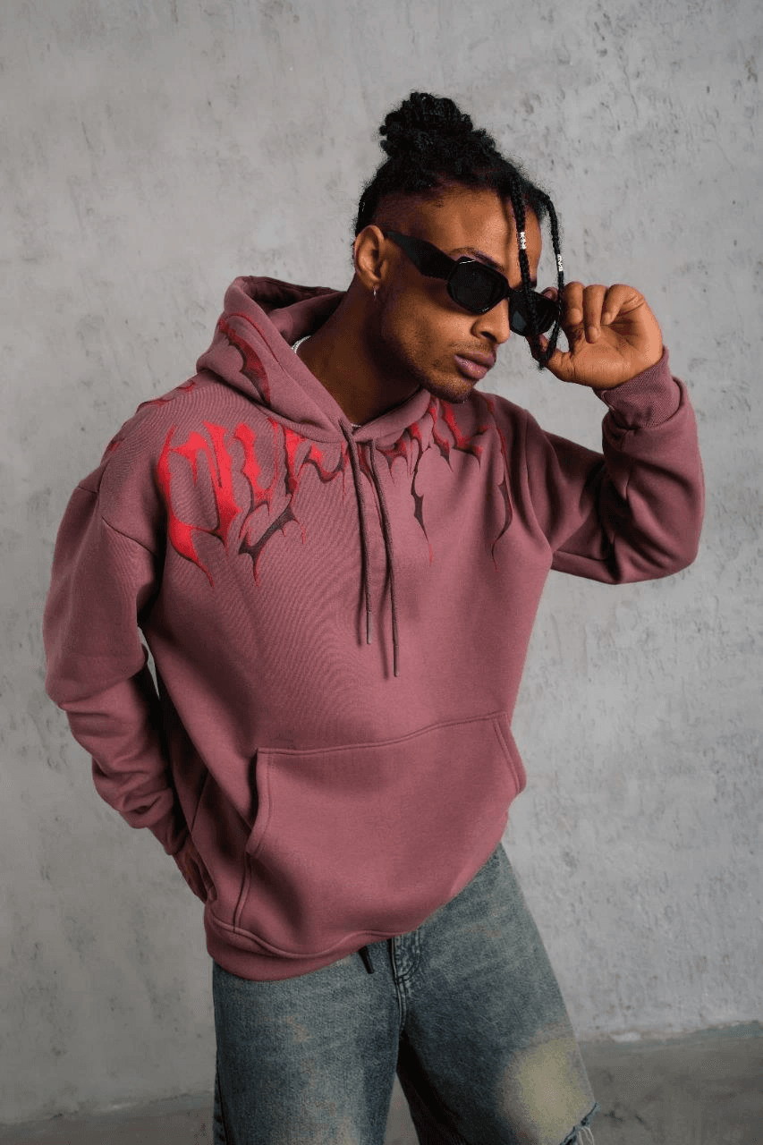 Erkek 3 İplik Pamuklu Baskılı Kapüşonlu Cepli Sweatshirt Hoodie - Gül Kurusu — görsel 1 / 2