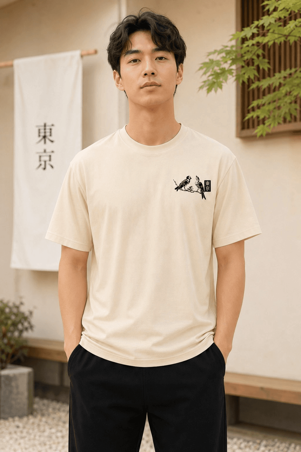 Erkek Ön ve Arka Tokyo Kuş Çiçek Baskılı Oversize T-Shirt - Ekru — görsel 1 / 4