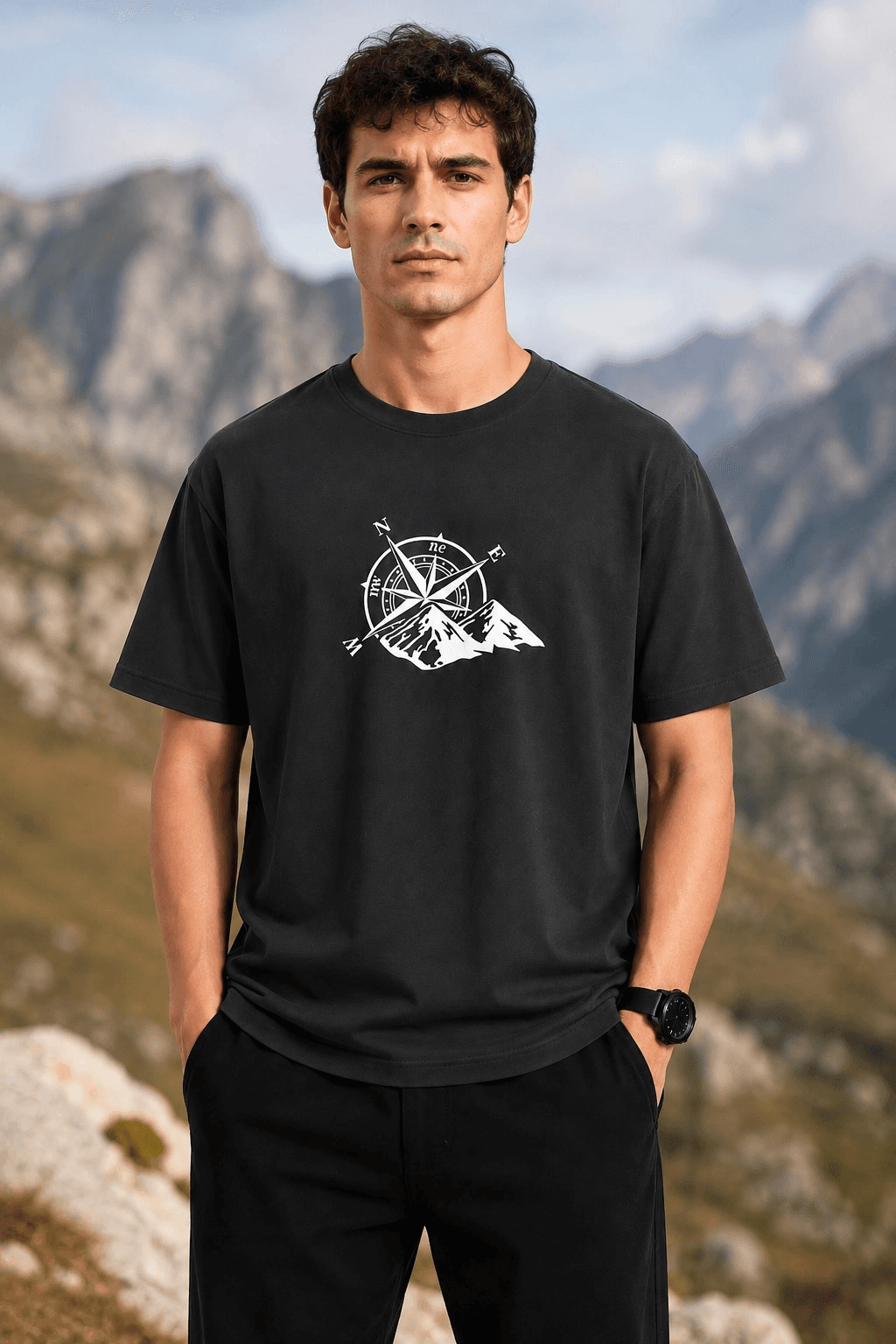 Erkek Outdoor Pusula Dağ Baskılı Kısa Kollu Oversize T-Shirt - Siyah — görsel 1 / 3