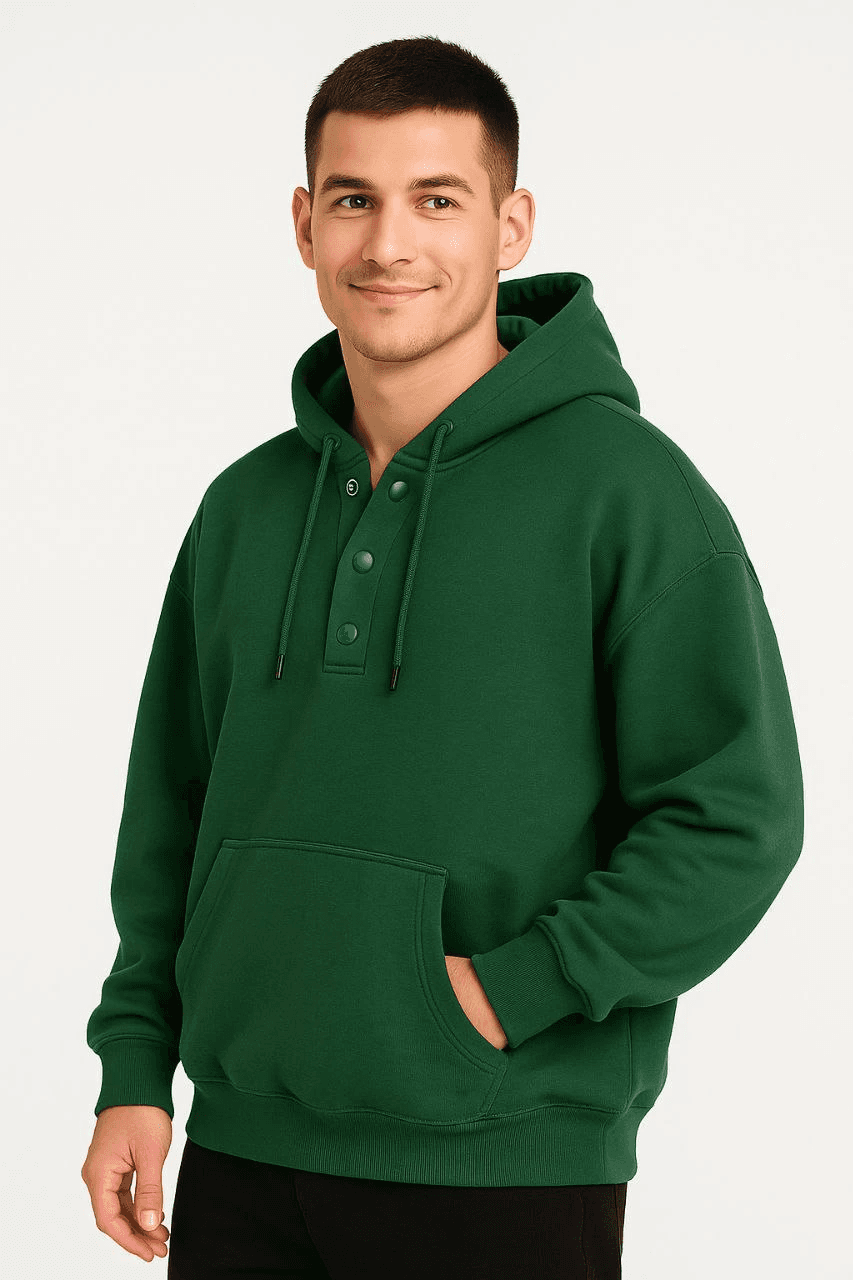 Erkek Kapüşonlu Hoodie Cepli Çıtçıtlı 3 İplik Pamuklu Sweatshirt - Haki — görsel 1 / 3