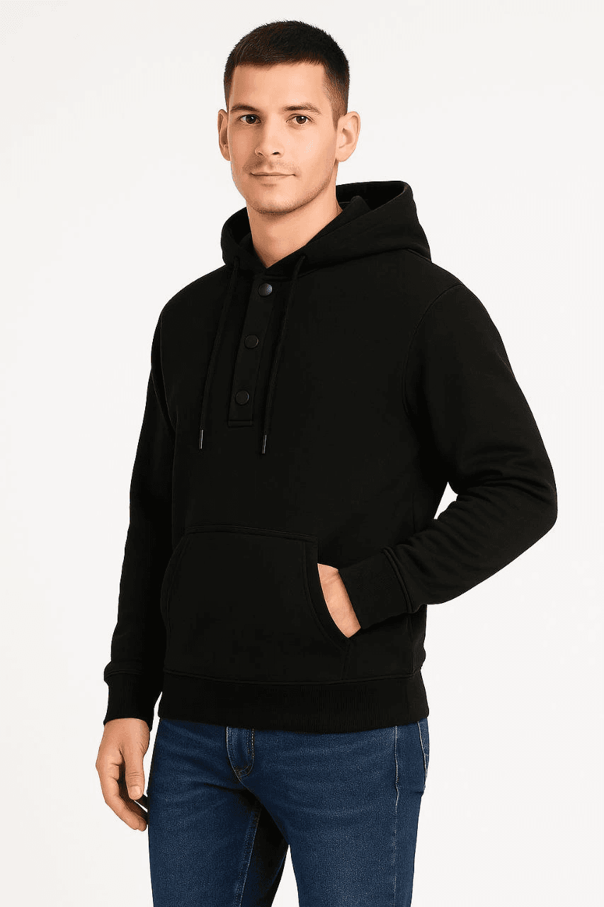 Erkek Kapüşonlu Hoodie Cepli Çıtçıtlı 3 İplik Pamuklu Sweatshirt - Siyah