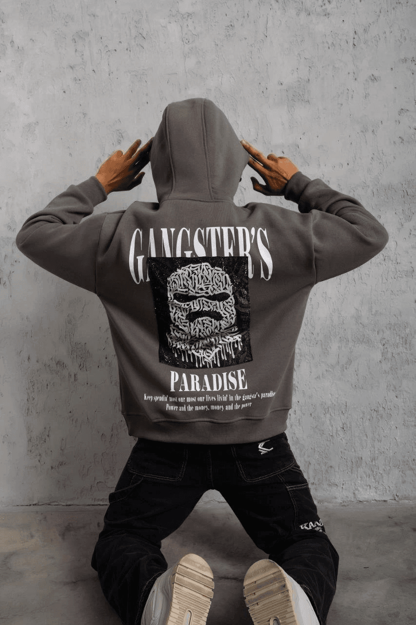 Erkek 3 İplik Pamuklu Baskılı Kapüşonlu Cepli Sweatshirt Hoodie - Gri — görsel 1 / 5