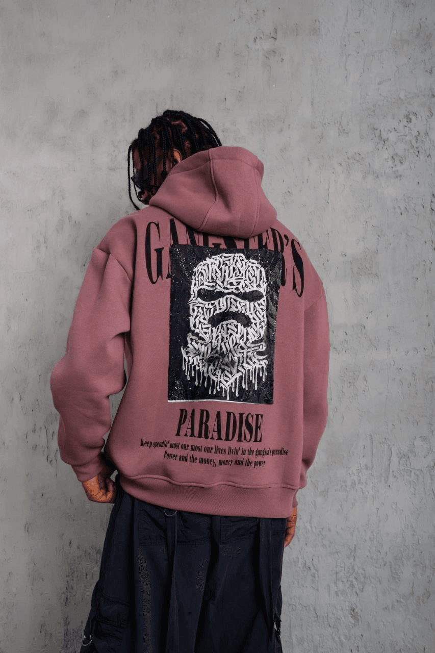 Erkek 3 İplik Pamuklu Kapüşonlu Baskılı Cepli Oversize Sweatshirt Hoodie - Gül Kurusu — görsel 1 / 5
