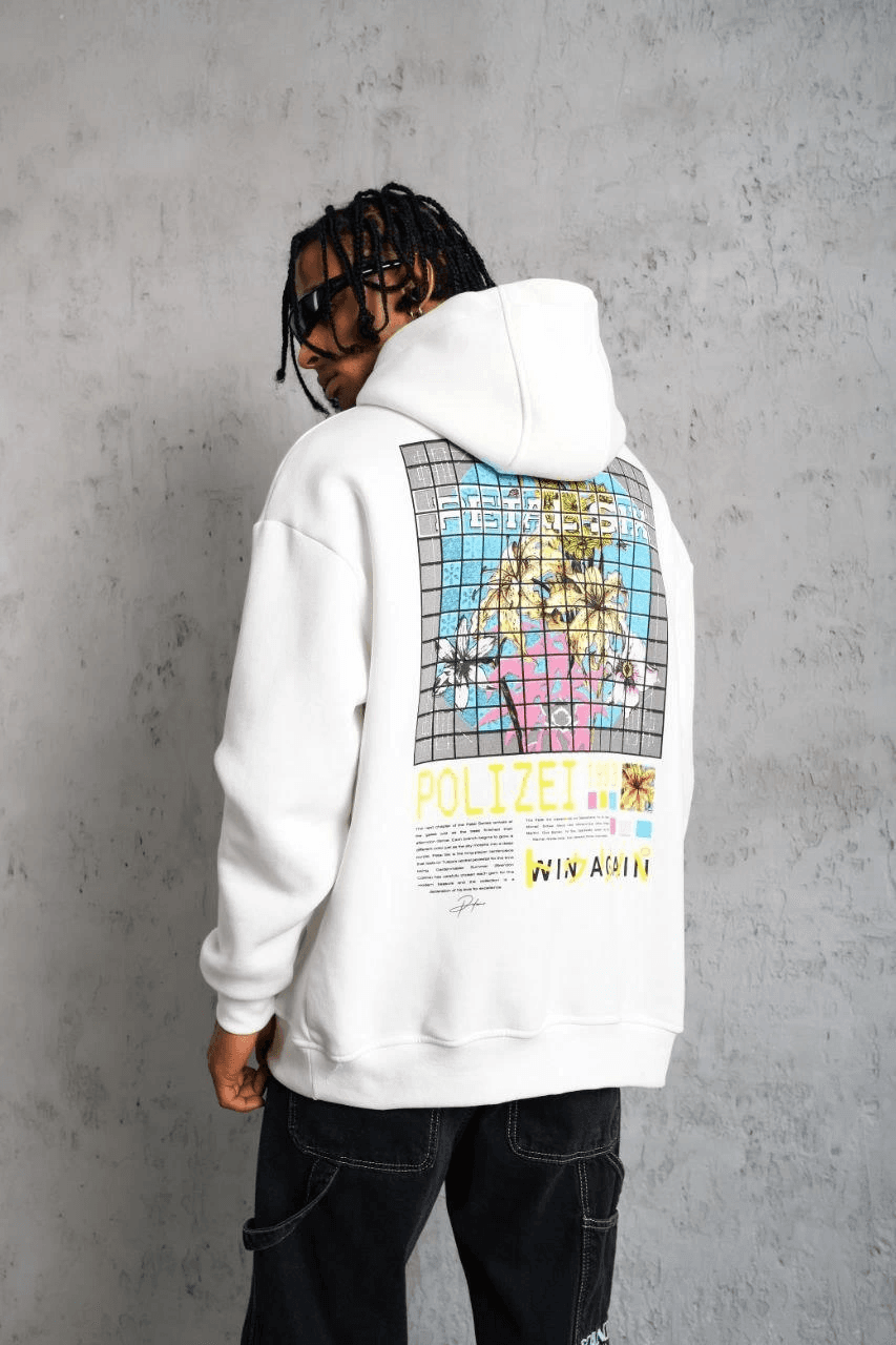 Erkek 3 İplik Pamuklu Kapüşonlu Baskılı Cepli Oversize Sweatshirt Hoodie - Beyaz