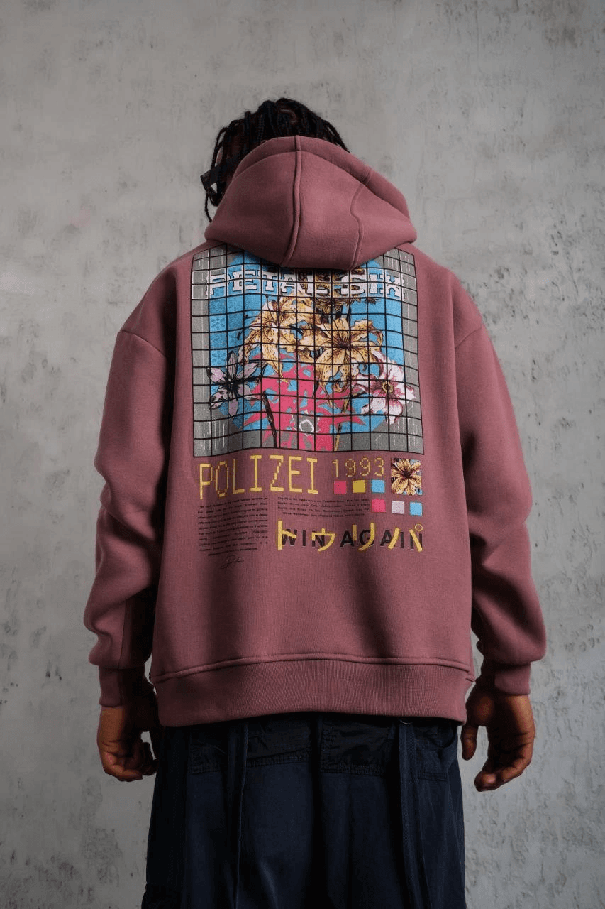 Erkek 3 İplik Pamuklu Kapüşonlu Baskılı Cepli Oversize Sweatshirt Hoodie - Gül Kurusu — görsel 1 / 5