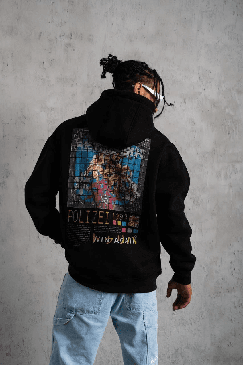 Erkek 3 İplik Pamuklu Kapüşonlu Baskılı Cepli Oversize Sweatshirt Hoodie - Siyah — görsel 1 / 5